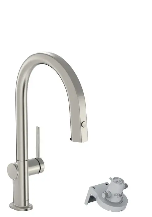 Ein modernes, gebogenes Küchenarmaturen-Design aus gebürstetem Edelstahl mit einem seitlichen Hebel und einem zusätzlichen Zubehoerteil in hellem Grau.